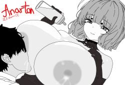 1boy1girl 2090 anarton big_breasts black_and_white commission head_in_breasts lactation looking_pleasured milk milking