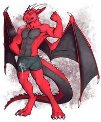 abs bulge claws cum cum_in_underwear dragon flexing green_eyes horn male male_only muscles nipples red_scales solo the-narutoshi wings