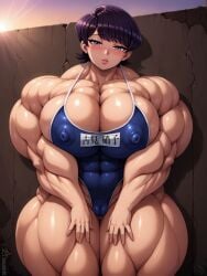 abs ai_generated azazellzai big_muscles cameltoe cleavage covered_nipples eyelashes female komi-san_wa_komyushou_desu komi_shuuko looking_at_viewer milf muscular muscular_female muscular_legs muscular_thighs purple_eyes purple_hair solo swimsuit thick_thighs tight_clothing