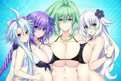 4girls big_breasts bikini black_heart blanc blue_eyes blue_hair green_hair green_heart_(neptunia) huge_breasts looking_at_viewer multiple_girls neptune_(neptunia) neptunia_(series) noire purple_heart_(neptunia) red_eyes swimsuit twintails vert white_hair white_heart_(neptunia)