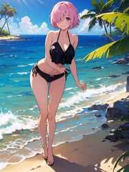 ai_generated bikini black_bikini blush breasts cleavage female female_focus female_only hair_over_one_eye mash_kyrielight mashu pink_hair purple_eyes shielder_(fate) shielder_(fate/grand_order) short_hair slow_poetry solo type-moon