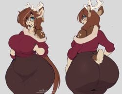 2024 anthro antlers artist_name big_breasts blue_eyes braided_hair breast_squish caribou curvy_figure deer deer_tail digital_media_(artwork) ear_tag female fully_clothed fur glasses hi_res holding_breast huge_butt huge_hips inu-sama long_hair looking_at_viewer mature_female rear_view scut_tail simple_background siobhan_(inu-sama) slightly_chubby slit_pupils solo standing thick_thighs three-quarter_view tight_clothing url venus_body voluptuous