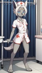 1girls 2024 ai_generated anthro blue_eyes bottomless bottomless_female digitigrade female female_only grey_body hi_res indoors innie_pussy looking_at_viewer mineru nintendo nurse nurse_cap nurse_uniform pussy short_hair smile the_legend_of_zelda the_legend_of_zelda:_tears_of_the_kingdom white_hair zonai