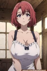 ai_generated aindroidparanoid big_breasts blush boots breasts busty cow_girl_(goblin_slayer) goblin_slayer huge_breasts indoors large_breasts massive_breasts milk narrow_waist purple_eyes red_hair short_hair slim_waist stable_diffusion