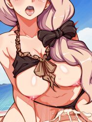 1boy 1girls ahe_gao alternate_costume bare_midriff bare_thighs beach bikini bikini_aside blonde_hair breasts breasts_out brown_bikini brown_hair brown_swimsuit cowgirl_position cum cum_in_pussy cum_inside drooling female female_focus female_on_top fire_emblem fire_emblem:_three_houses fire_emblem_heroes hair_over_shoulder large_breasts long_hair male mercedes_von_martritz mercedes_von_martritz_(summer) midriff mimizunooka navel nintendo nipples ocean official_alternate_costume open_mouth outdoors penis pussy saliva saliva_trail sex side_ponytail solo_focus straddling sweat swimsuit swimsuit_aside thighs vaginal_penetration