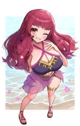 1girls absurdres alternate_costume bare_legs beach bikini black_bikini black_swimsuit breasts cleavage facial_mark female female female_only fire_emblem fire_emblem_engage full_body gonzarez grin hair_ornament highres holding holding_weapon knife kunai large_breasts long_hair looking_at_viewer navel nintendo ocean official_alternate_costume one_eye_closed outdoors red_eyes red_hair sarong skindentation smile solo star_(symbol) star_facial_mark star_hair_ornament swimsuit teeth weapon yunaka_(fire_emblem)