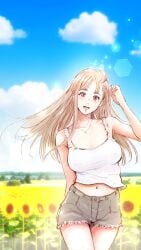 1girls acilealaulica clothed cloud clouds female female_only jeans open_mouth open_mouth outdoors outside sky standing sunflower sunflowers visible_nipples