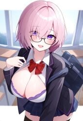 1girls ai_generated bra breasts cleavage fate/grand_order fate_(series) female female_only glasses gorenramu_(kurodaruma) huge_breasts large_breasts mash_kyrielight mashu pink_hair school_uniform shielder_(fate) shielder_(fate/grand_order) skirt solo thigh_highs type-moon