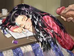 1boy 1girls black_hair blush bukkake censored closed_eyes clothing cum cum_on_body cum_on_clothes cum_on_hair cum_on_upper_body cup cute dokiyuri eraser facial female hairband hanten_(clothes) highres kotatsu long_hair male mechanical_pencil molestation mug notebook open_mouth original pale-skinned_female pale_skin pencil penis rape sitting sleep sleep_molestation sleeping solo_focus table unconscious