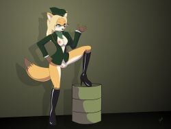 2014 anthro areola beret blonde_hair boots bottomless breasts canid canine cleavage clothed clothing cosplay countershading digital_media_(artwork) exposed_breasts eyewear female flufdustbunny fox genitals glasses green_eyes hair hat headgear headwear high_heeled_boots high_heels mammal military_uniform nipples on_barrel pussy raised_leg sandra_ren sek_studio solo squirrel_and_hedgehog tagme unfinished uniform