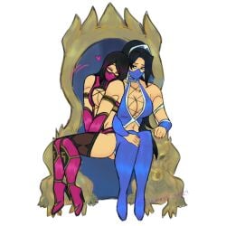 damax edenian female female_focus female_only hybrid kitana kitana_(mk9) kiteena midway midway_games mileena mileena_(mk9) mortal_kombat mortal_kombat_(2011) netherrealm_studios sisters sitting sitting_on_throne skimpy_clothes tarkatan tarkatan_eyes throne warner_bros._games warner_brothers