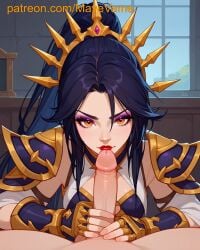 ai_generated armor black_hair blizzard_entertainment diablo female li-ming lipstick masturbation orange_eyes penis red_lipstick touching_penis