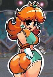 1female 1girls 2d 2d_(artwork) artist_name ass ass_focus black_eyes booty breasts cheeky clothed clothed_female clothing crown daisy's_hot_stuff_(trend) diego_mejia ear_piercing female female_only gloves looking_back mario_(series) mario_strikers mario_strikers_princess_daisy_side_view_redraw_(meme) meme nintendo orange_shorts pose princess princess_daisy screenshot_redraw shorts smile solo solo_female sports_shorts sports_uniform sportswear super_mario_bros. thighs