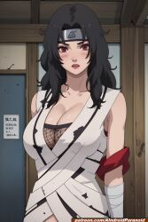 ai_generated aindroidparanoid black_hair boruto:_naruto_next_generations breasts cleavage curvy_ass huge_breasts indoors konoh kurenai_yuhi long_hair naruto naruto_shippuden ninja red_eyes stable_diffusion voluptuous wavy_hair