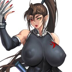 2v_(joyeong) areola_bulge bare_shoulders big_eyebrows black_bodysuit black_elbow_gloves bodysuit breasts_bigger_than_head brown_hair claw_(weapon) crossover earrings elbow_gloves female female_focus female_only hair_between_eyes hair_tubes heterochromia high_collar high_ponytail huge_breasts kaen kunoichi last_origin long_fingernails long_hair long_nails long_ponytail looking_at_viewer metal_claws nail_polish ninja nipple_bulge open_mouth pointy_ears ponytail red_eyes red_fingernails red_lips red_nails scar scar_across_eye scar_on_face sengoku_ace sengoku_blade sengoku_cannon thick_eyebrows tight_bodysuit tight_clothing toned toned_female transparent_background yellow_eyes