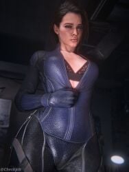 1girls 2024 3d asymmetrical_hair battlesuit blue_eyes bra brown_hair camel_toe cameltoe checkpik covered_nipples dark_lighting detailed_background duck_face eyeliner female female_only fit fit_female front_view full_body_suit indoors jill_valentine jill_valentine_(sasha_zotova) lace_bra legs_together lipstick looking_at_viewer medium_breasts medium_hair puckered_lips realistic realistic_textures resident_evil resident_evil_3 resident_evil_3_remake skintight solo thigh_gap unzipped unzipped_bodysuit unzipping unzipping_bodysuit upper_body