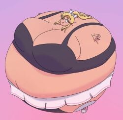 bloated_belly blonde_hair huge_belly huge_breasts inflation inflation_fetish jackymarisa puffed_cheeks spherical_inflation sunken_head sunken_limbs swollen_belly tight_clothing