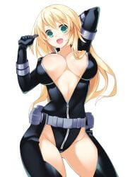 1girls arm_behind_head atago_(kantai_collection) big_breasts blonde_hair bodysuit breasts busty cleavage clenched_hand cosplay female female_only green_eyes highres kantai_collection large_breasts legs leotard long_hair looking_at_viewer nancy_lee ninja_slayer open_mouth sensual smile solo thick_thighs thighs unzipped unzipped_bodysuit