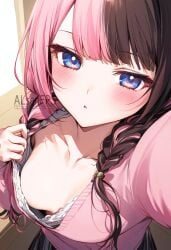 1boy ai_generated blue_eyes braid breasts brown_hair character_request collarbone down_blouse female female_only looking_at_viewer medium_breasts no_bra pink_hair purple_eyes selfie shirt shirt_lift tease teasing_viewer twintails two_tone_hair