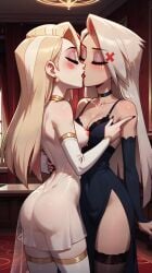 2girls ai_generated ass blonde_hair blush breasts charlie_morningstar choker closed_eyes colored_skin dark_skin deep_kiss deep_kissing detached_sleeves dress earrings eyeshadow gehenna_fusion(model) hazbin_hotel holding_each_other hotel indoors kissing lesbian lesbian_kiss long_hair marusame nipples no_bra no_panties see-through see-through_clothing see-through_dress shiny_skin stable_diffusion standing thighhighs vaggie white_skin yuri