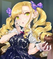 blonde_hair blush bow bukkake censored clothing cum cum_on_body cum_on_clothes cum_on_hair cum_on_upper_body dokiyuri drill_hair facial female gloves hair_ribbon hairjob handjob highres long_hair open_mouth original penis puffy_sleeves ribbon ringlets short_sleeves solo_focus tied_hair twin_drills twintails white_gloves yellow_eyes