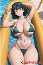 ai_generated bikini closed_eyes fubuki_(one-punch_man) huge_breasts lying_on_back pool small_waist smiling solo_female sunglasses watermark wide_hips