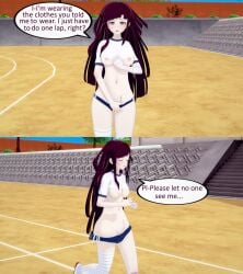 3d accidental_exposure bandage bandaged_arm bandaged_leg blushing breasts breasts_out danganronpa koikatsu purple_hair pussy running shorts skimpy_clothes tagme tattoo tsumiki_mikan ultimateenf wardrobe_malfunction