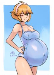 1girls ;) ahoge bare_arms blonde_hair blue_one-piece_swimsuit border breasts canon_pregnancy casual_one-piece_swimsuit cleavage closed_mouth covered_navel female female_focus female_only fiora_(xenoblade) green_eyes hairband hands_on_own_hips highres linea_nigra looking_at_viewer medium_breasts one-piece_swimsuit one_eye_closed pink_hairband pregnant rotomdocs short_hair smile solo solo_female solo_focus swimsuit white_border wink winking_at_viewer xenoblade_(series) xenoblade_chronicles
