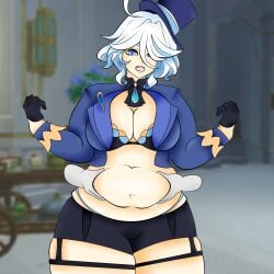 1girls belly_grab chubby chubby_female cleavage disembodied_hands female female_only furina_(genshin_impact) genshin_impact ladyofparagon large_breasts overweight revealing_clothes solo solo_female thick_thighs voluptuous