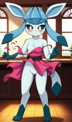 1girls 2024 3_fingers ai_generated anthro ass_visible_through_thighs blue_eyes blue_fur blush digitigrade dress dress_up embarrassed featureless_breasts female female_only generation_4_pokemon glaceon hi_res indoors innie_pussy looking_at_viewer nintendo pink_dress pokemon pokemon_(species) pussy ripped_clothing ripped_dress shocked shocked_expression wardrobe_malfunction wide_eyed