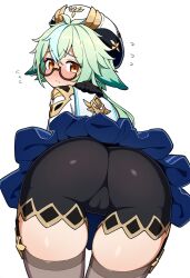 1girls ai_generated animal_ears ass blush brown_eyes cameltoe embarrassed genshin_impact glasses green_hair hat looking_at_viewer looking_back novelai self_upload skindentation standing sucrose_(genshin_impact) thick_thighs thighhighs thighs