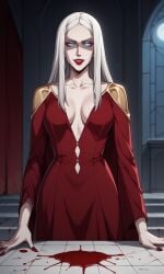 1girls ai_generated bigmic145 blood breasts carmilla_(castlevania) castlevania castlevania_(netflix) cleavage horror lips long_hair medium_breasts red_dress vampire white_hair yandere