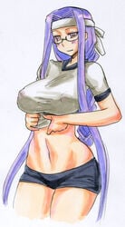 anus ass blush breasts censored cleavage erect_nipples fate/stay_night fate_(series) glasses huge_ass kikuta large_breasts long_hair medusa_(fate) midriff purple_hair shorts