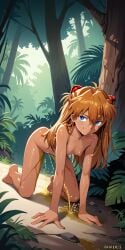 ai_generated all_fours asuka_langley_sohryu barefoot blue_eyes completely_nude completely_nude_female crawling dark-skinned_female dutch_angle dynamic_pose excessive_piss female from_above jungle jungle_ruins messy_hair naughty_face neon_genesis_evangelion nude nude_female peeing piss_on_body piss_on_hair piss_stains_on_ground piss_stains_on_tree pissing_on_ground pissing_on_tree red_hair shiny_skin slit_pupils small_breasts smirk snake_eyes soles souryuu_asuka_langley spread_legs tree urinating urinating_female urination urine wet_body wet_hair