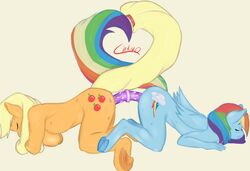 2013 anthro anthrofied applejack_(mlp) blonde_hair blue_fur breasts chrnos closed_eyes cutie_mark dildo double_dildo duo equine female friendship_is_magic fur hair horse multicolored_hair my_little_pony orange_fur pegasus plain_background pony rainbow_dash_(mlp) rainbow_hair sex_toy straight_hair sweat toy wings yuri