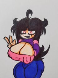 big_breasts big_nipples black_hair breasts cleavage friday_night_funkin friday_night_funkin_mod krala_ulti long_hair needlemouse_(series) nipple_bulge peace_sign puffy_nipples purple_sweatshirt red_eyes sarah_henderson_(needlemouse) sonic.exe