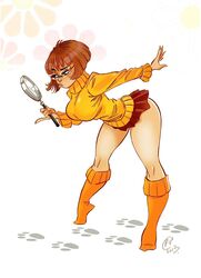 arched_back artist_request brown_hair female female_only freckles glasses hanna-barbera human magnifying_glass miniskirt pawprint pawprints scooby-doo short_hair simple_background solo stockings sweater tiptoes velma_dinkley