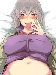 1girls blush breasts collarbone hair_between_eyes hekiga_(freelot) highres large_breasts long_sleeves looking_at_viewer lying navel on_back plump purple_eyes purple_shirt sagume_kishin saliva shirt short_hair solo stomach sweatdrop tongue tongue_out touhou upper_body