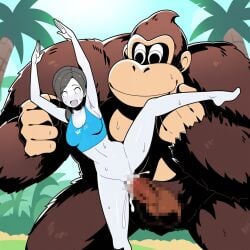 1boy 1girls ai_generated animal anthro ape barefoot belly_button black_hair blush bottomless breasts brown_hair clavicle clothing colored_skin crop_top day donkey_kong donkey_kong_(series) female gray_hair grey_eyes grey_hair interspecies leg_lift long_hair male medium_breasts mob_face nakadashi navel nintendo nipples nude open_mouth outdoors pale-skinned_female pale_skin palm_tree penis ponytail posing semen sex size_difference smile spread_legs standing standing_on_one_leg straight super_smash_bros. sweat tank_top testicles tree vagina vaginal_penetration white_skin wide-eyed wii_fit wii_fit_trainer yoga_pose