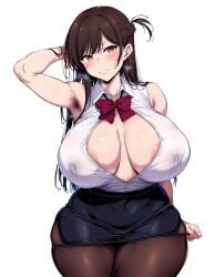 1girls ai_generated big_breasts blush breasts brown_eyes brown_hair deepjungle female female_focus hairy_armpits huge_breasts kanojo_okarishimasu lactation large_breasts light-skinned_female long_hair mizuhara_chizuru thick_thighs thighs