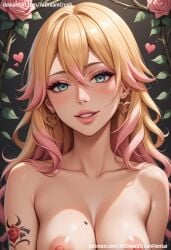 ai_generated aidreamcrush blonde_hair blue_eyes blushing earrings light-skinned_female looking_at_viewer pink_highlights tagme tattoo topless topless_female