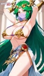 1female 1girls ai_generated belly belly_button belly_dancer belly_dancer_outfit bikini bikini_bottom bikini_top boosterred99 female female_only green_eyes green_hair jewelry kid_icarus large_breasts long_hair makeup nintendo palutena pink_hair post-timeskip seductive_smile solo thighs tiara veil