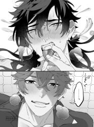 fingers_in_mouth gay genshin_impact licking_fingers male/male male_only tartaglia_(genshin_impact) yaoi zhongli_(genshin_impact)