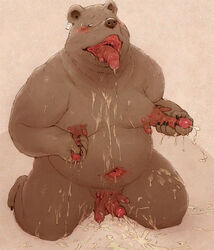 1boy anthro bear blush brown_background brown_fur cum cum_everywhere cum_on_chest cum_on_ground cum_on_hand cum_on_leg cumshot fur furry furry_only hexaphallia kneeling male male_only messy multi_penis navel nightmare_fuel open_mouth orgasm overweight penis penis_nipples penis_tongue plain_background polyphallia sansh small_penis solo solo_male transformation triphallia what