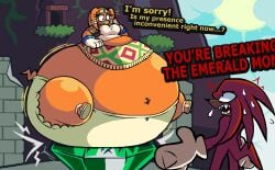 1boy 1girls 2024 anthro ass bracelet breasts emerald emerald_(gem) english_text female female_focus furry gloves hips honeyswells hyper_ass immobile immobilization knuckles_the_echidna large_ass large_breasts male monobutt obese obese_female oblivious orange_body orange_fur overweight overweight_female panties red_body red_fur sega sonic_(series) sonic_the_hedgehog_(series) sun tan_fur text thick_thighs thighs tikal_the_echidna underwear weight_gain wide_hips