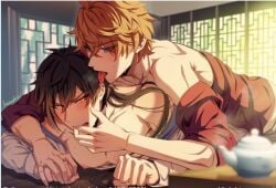 childe_(genshin_impact) finger_in_mouth gay genshin_impact male/male male_only tartaglia_(genshin_impact) yaoi zhongli_(genshin_impact)