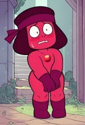 1girls ai_generated alien alien_girl alien_humanoid blush boots cartoon_network covering_crotch doc_(steven_universe) embarrassed embarrassed_nude_female female female_only gem_(species) gloves nude nude_female red_body ruby_(steven_universe) scalieton self_upload steven_universe sweat sweatdrop