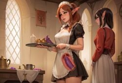 2girls ai_generated anaslex braid braided_hair brown_hair clothed dildo dildo_in_pussy dress elf elf_ears elf_female frills fully_clothed green_eyes hi_res holding_tray kittew_(style) maid maid_headdress maid_uniform object_insertion pale-skinned_female pale_skin penetration sex_toy sex_toy_insertion short_skirt sneaky standing stealth_masturbation toy unknowing_bystander uterus vaginal_insertion vaginal_penetration x-ray