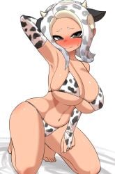 1girls agent_8_(splatoon) bikini breasts cow_print cow_print_bikini female hips huge_breasts light-skinned_female light_skin long_hair midriff naughty_face nintendo nobunagapero octoling octoling_girl shiny_skin splatoon splatoon_2 tentacle_hair thick_thighs thighs voluptuous wide_hips