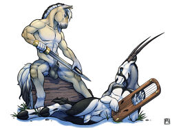 abs balls biceps blue_eyes brown_fur couple equine fur furry furry_only gay harp horse lying male musical_instrument nude oryx pecs plain_background sheath sitting sword tsaiwolf weapon white_background white_fur